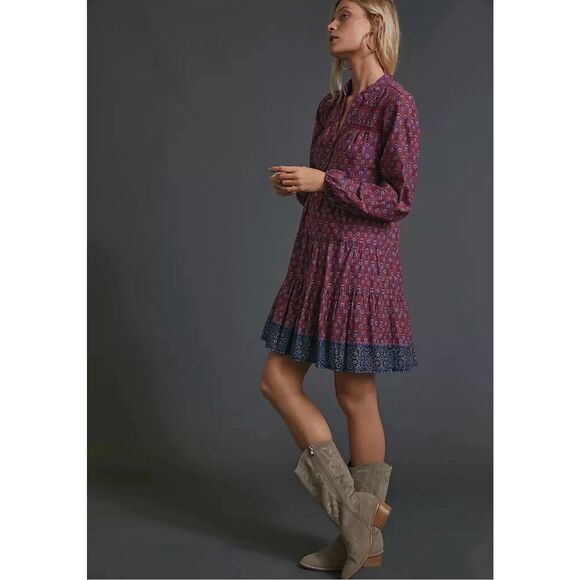 Womens ANTHROPOLOGIE Diyana Tiered Tunic Dress Size XS Burgundy Boho Block Print - Picture 1 of 6